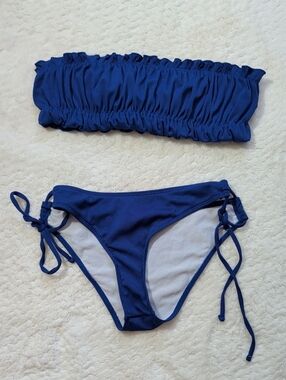 Girls Blue Ruched Bandeau Bikini Set with Tie-Side Bottoms